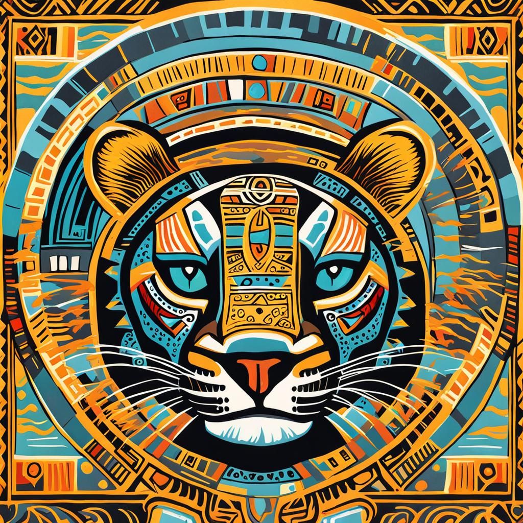 Aztec Jaguar Tarot Card in Gouache Style