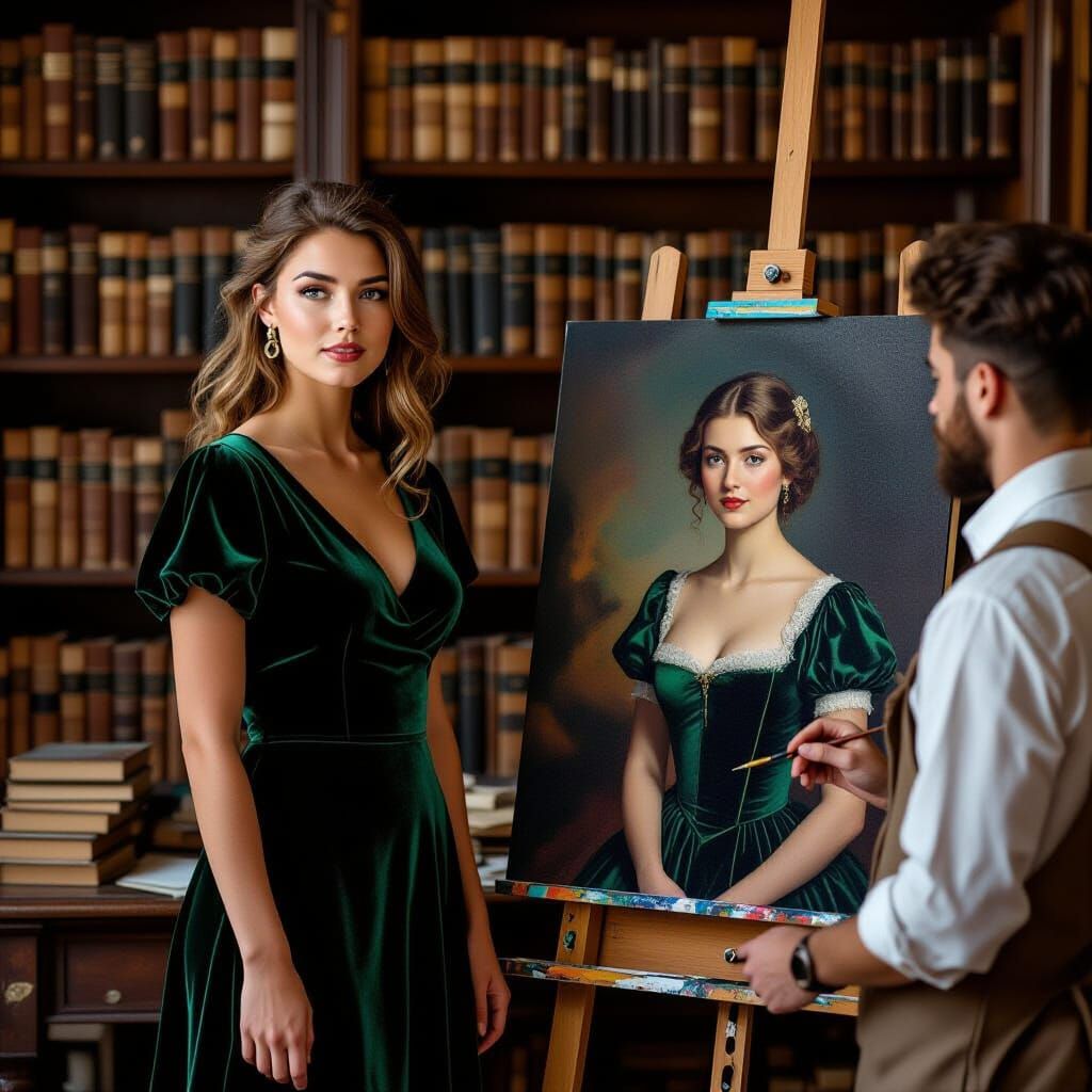 Woman in Velvet Dress Poses for Artist Painting Her Portrait