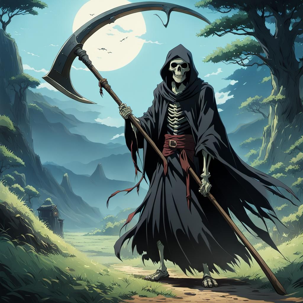Grim Reaper Skull with Scythe in Anime Style