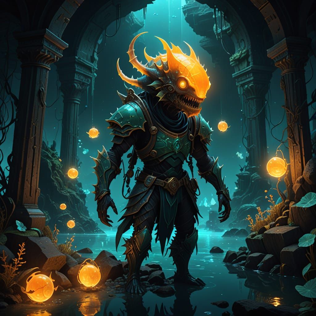 Ethereal Elf Angler Fish in Dark Fantasy Ruins