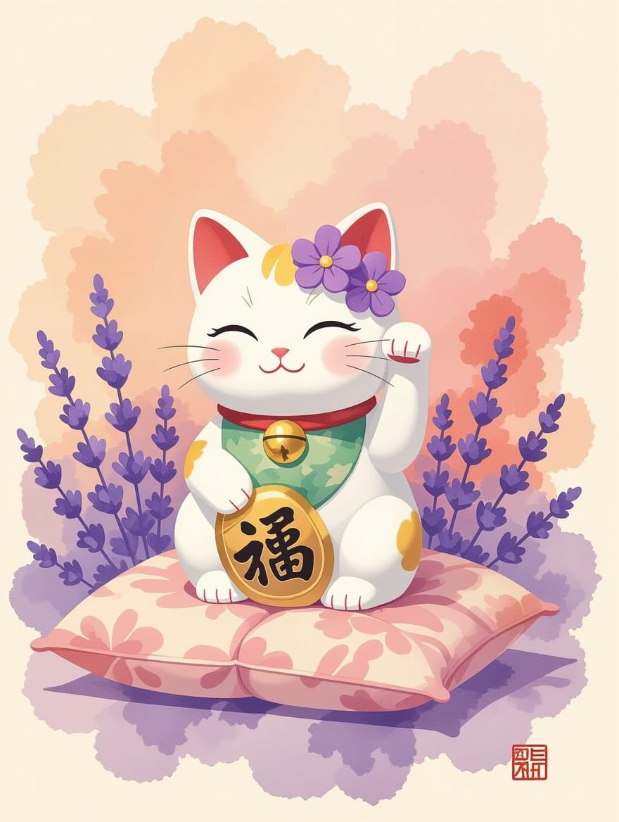 Maneki Neko Figurine in Watercolor Painting Style