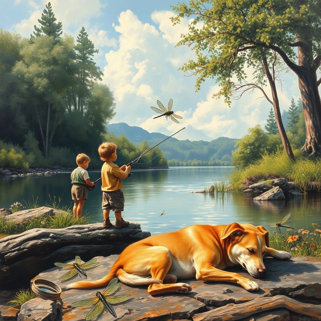 Boys Fishing by River Bend with Sleeping Dog and Dragonflies