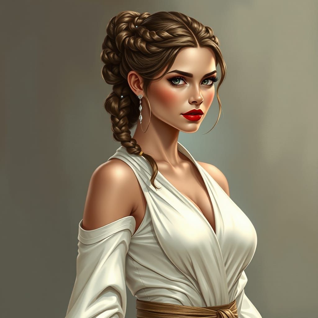 Regal Female Jedi in Elegant White and Beige Robe
