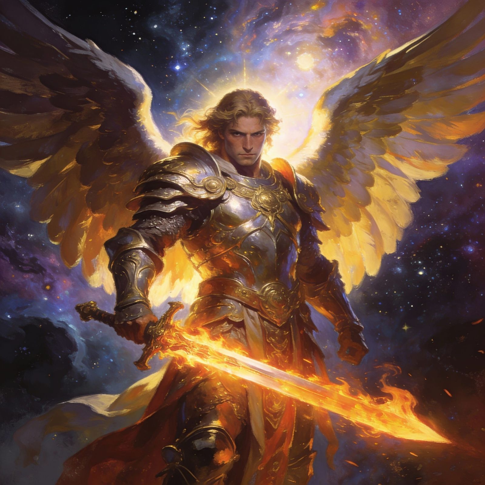 Archangel Michael in Radiant Armor with Flaming Sword