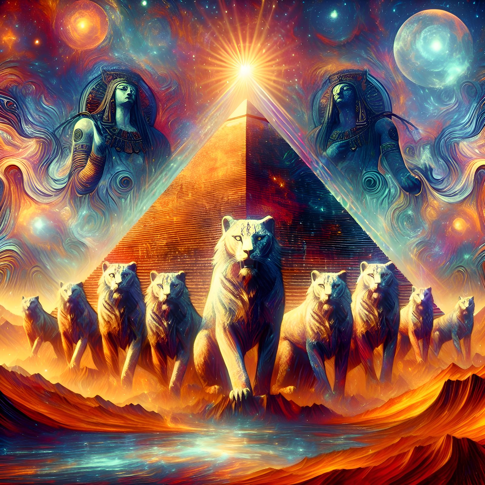 Felines Encircling Pyramid Under Sun Deities