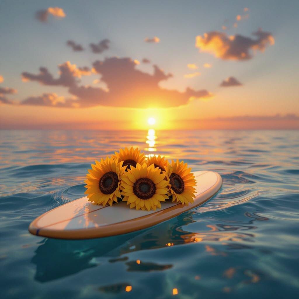 3D Sunflowers on Surfboard at Sunset
