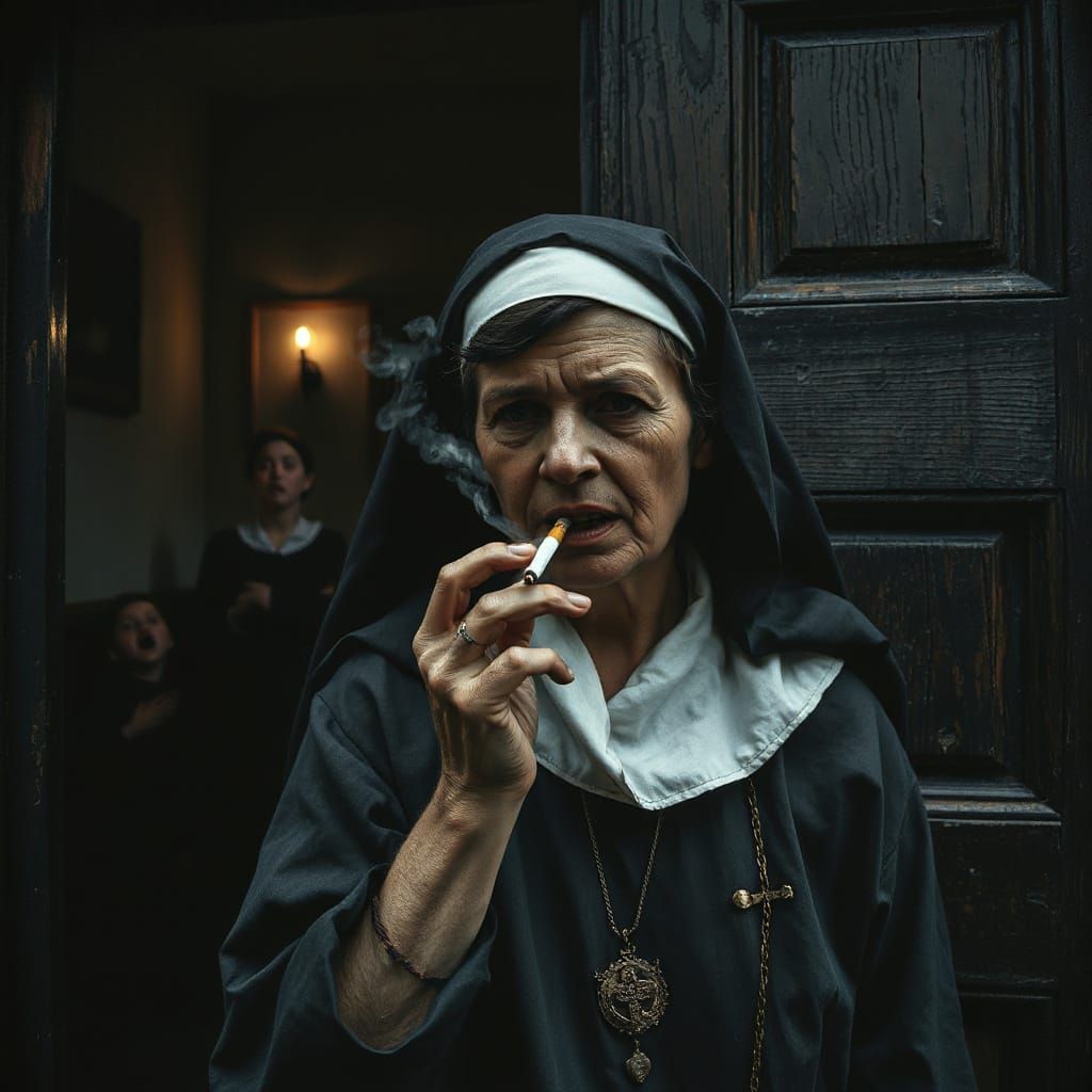 Ragged Nun Smoking: Gritty Cinematic Scene