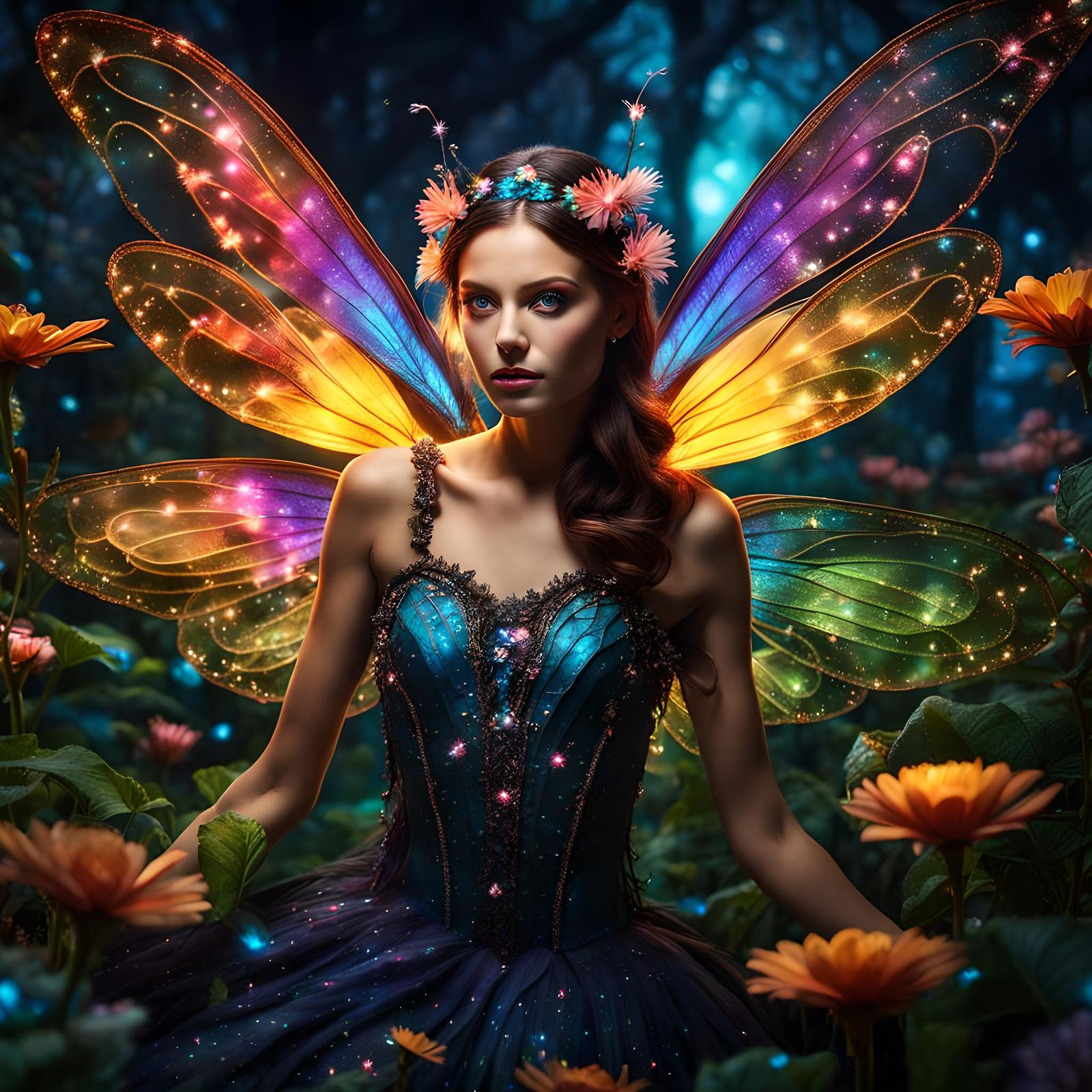 Iridescent Fairy in Enchanted Garden at Night