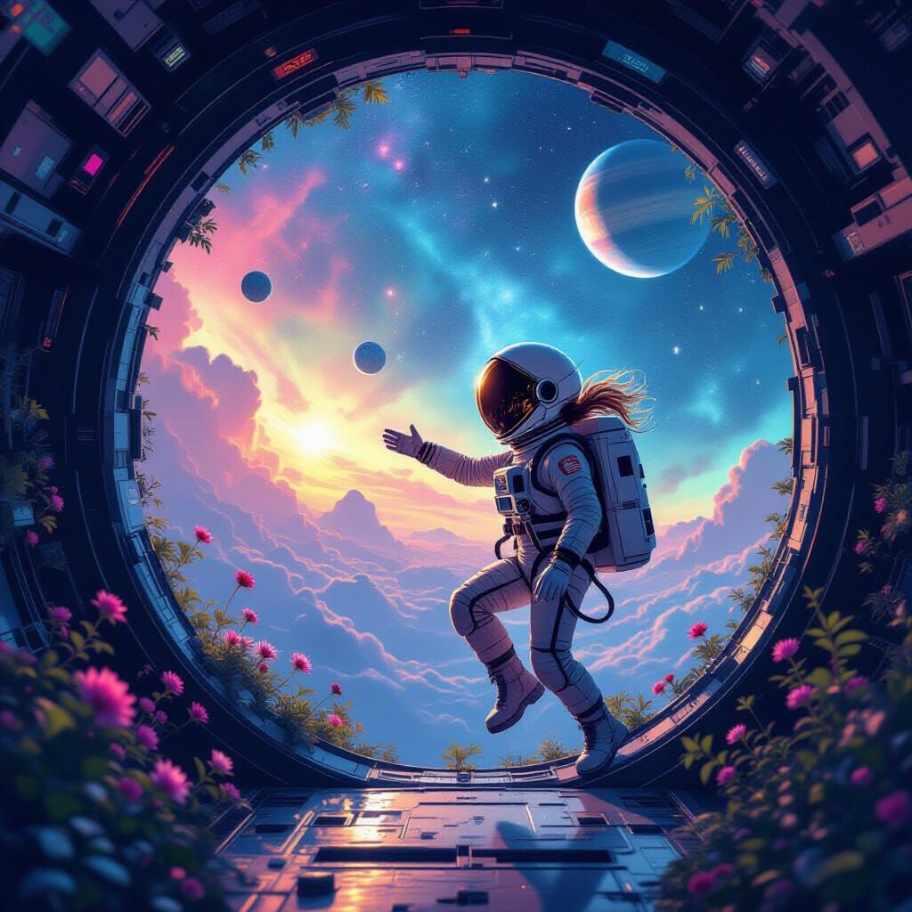 Astronaut Schoolgirl in Alien Nebula with Bioluminescent Flo...