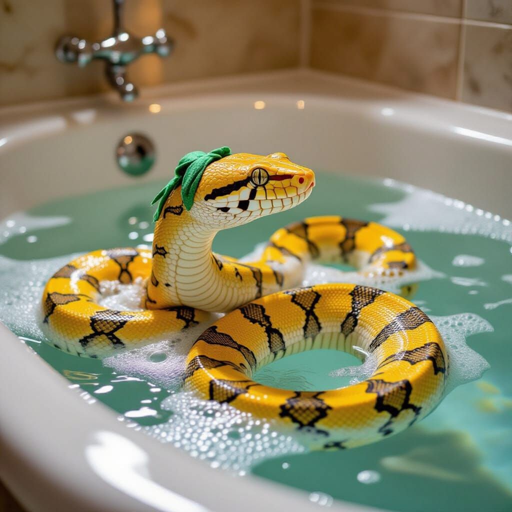 Surreal Yellow Python in Foam Bath with Green Hat