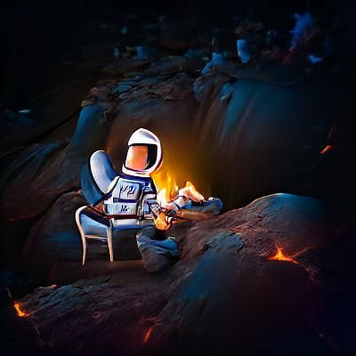 Astronaut Relaxing by Campfire in Dark Cave