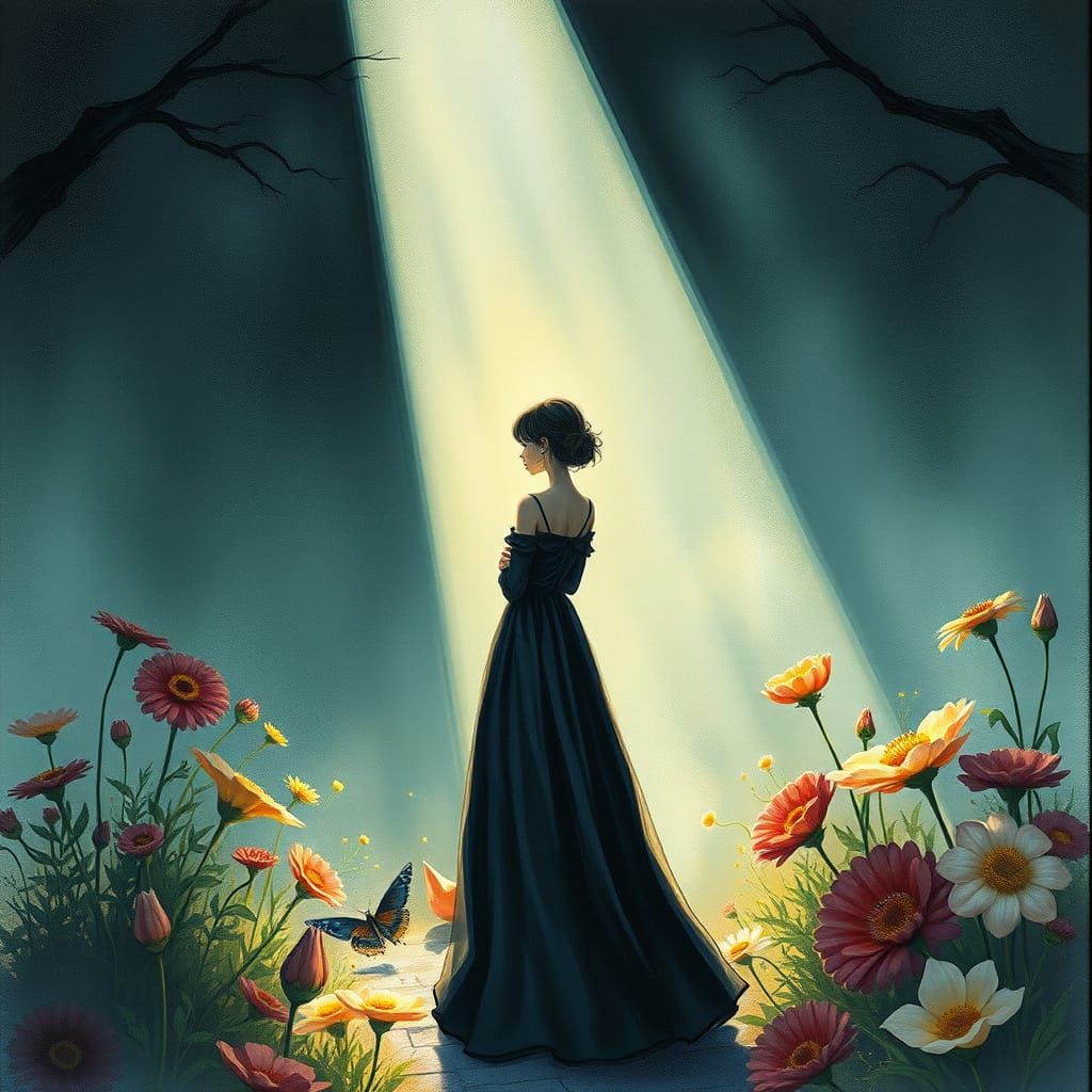 Woman in Light and Shadow: A Tim Burton-esque Watercolor