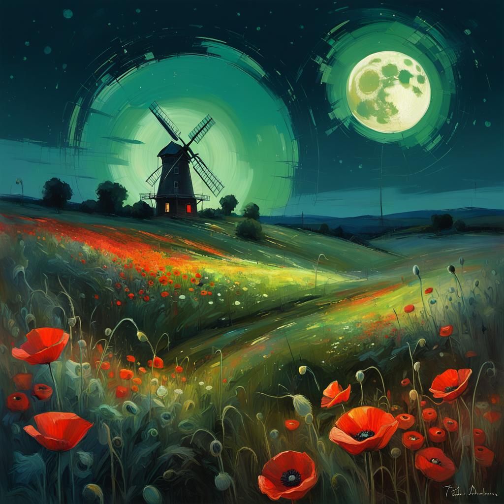 Biopunk Meadow: Windmill, Poppies, and Iridescent Light