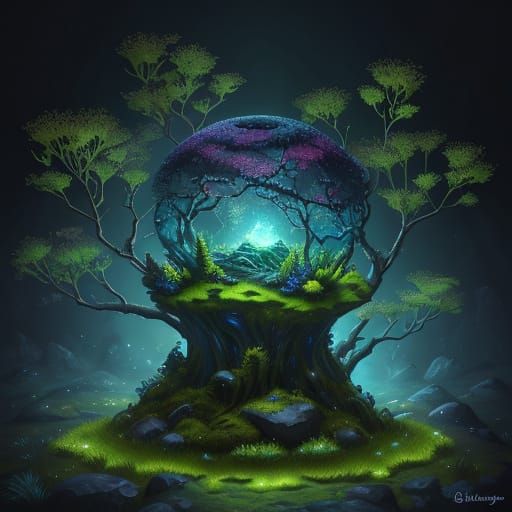 Surreal Glowing Gemstone on Mossy Stone