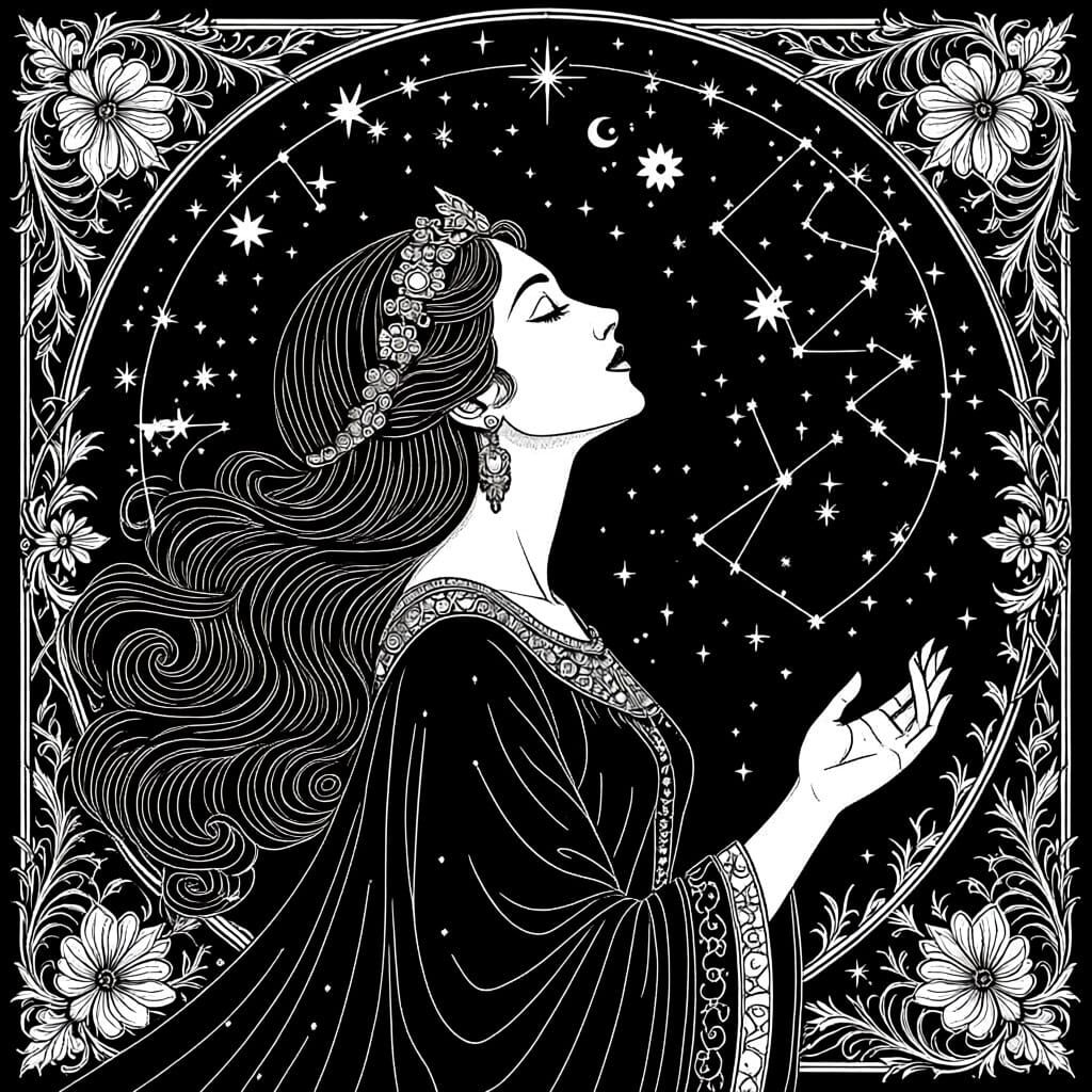 Psychedelic Line Drawing of a Goddess and Zodiac