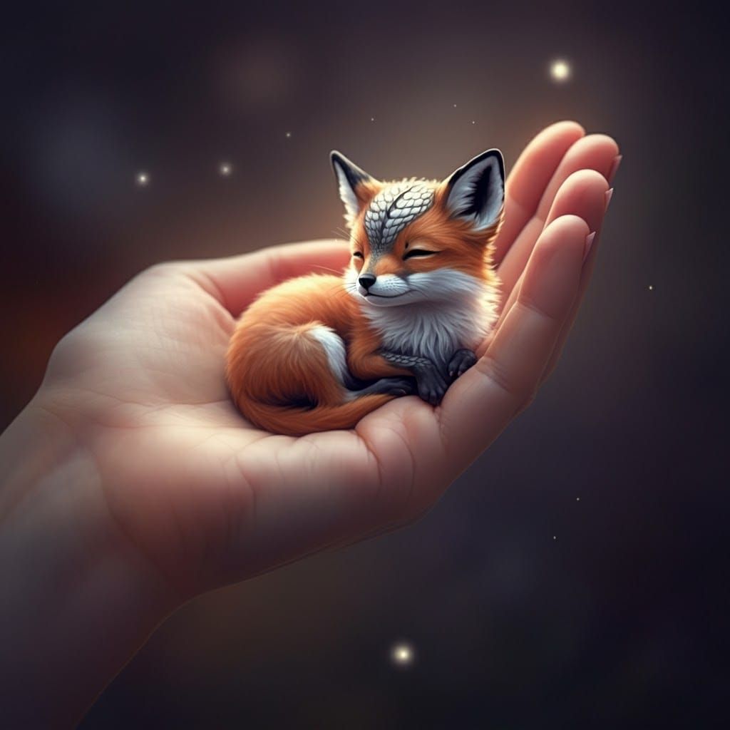 Baby Fox Kirin in Hand, Fantasy Art