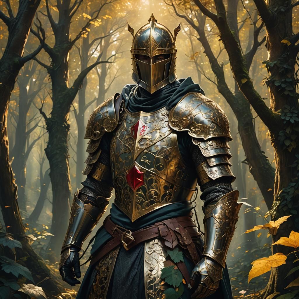 Mystical Knight of Hearts in Dreamlike Forest