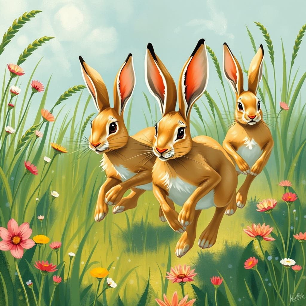 Whimsical Hares in a Lush Dreamlike Meadow