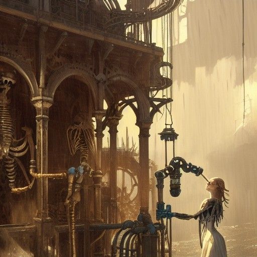 Steampunk Skeleton Girl Draws Water: Dark Fantasy Art