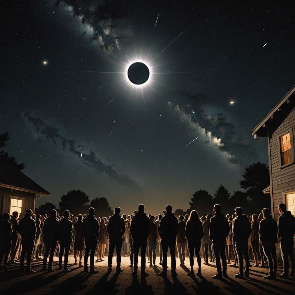 Crowd Watches Total Solar Eclipse in Hyper-Realistic Style