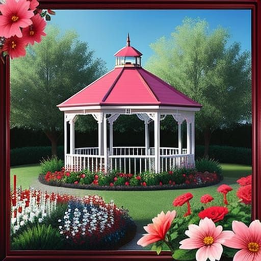 Victorian Flower Garden Pencil Sketch with Gazebo