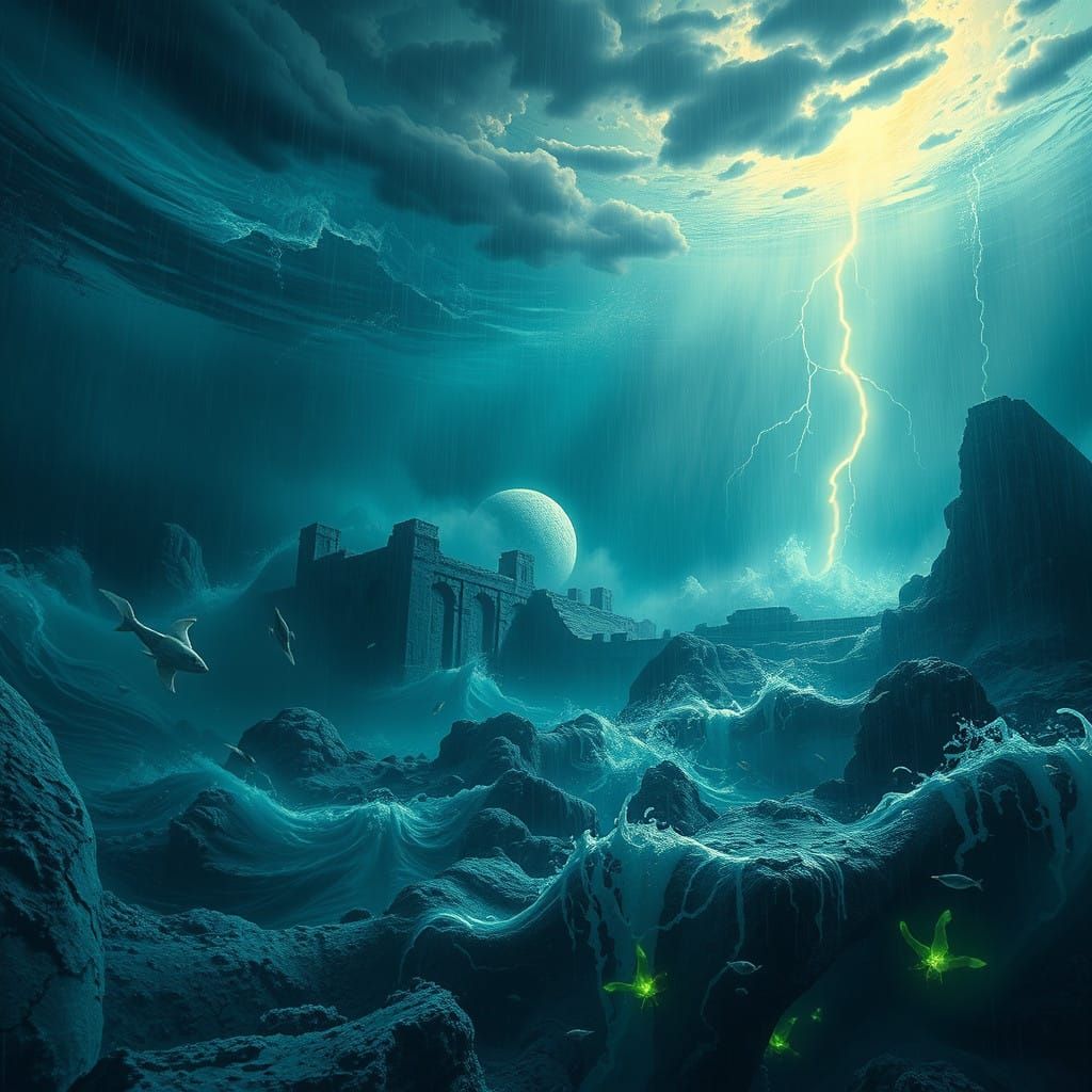 Surreal Lost Atlantis Cityscape Submerged in Turbulent Ocean