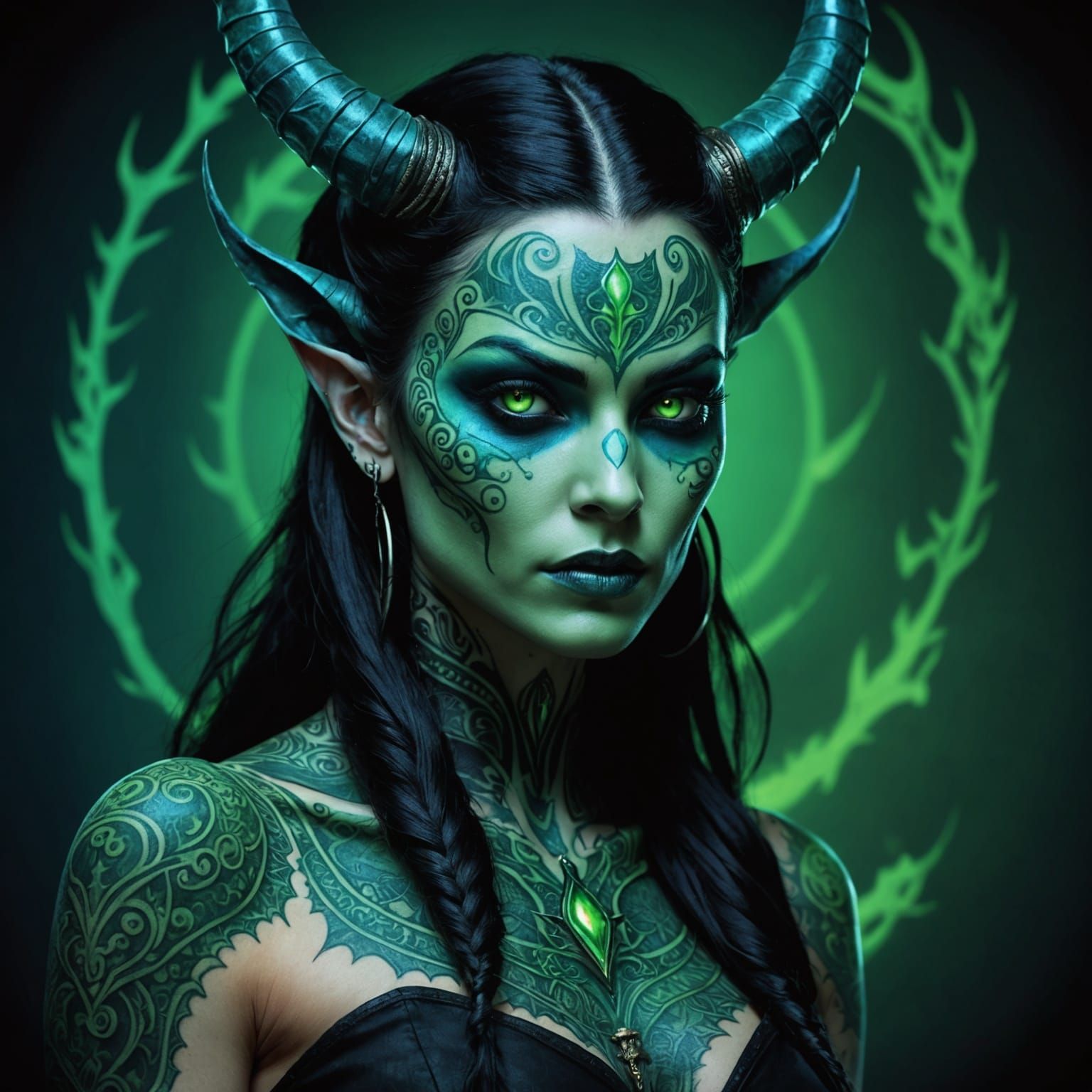 Blue-Skinned Demon Woman with Glowing Tattoos