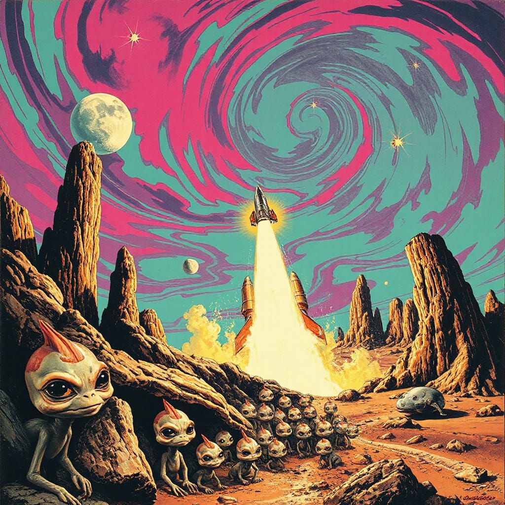 Retro Rocket Launch on Alien World in Pulp Sci-Fi Style