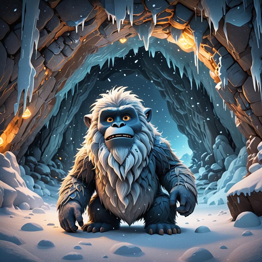 Cute Yeti in Cave: Pixar-Inspired 3D Art