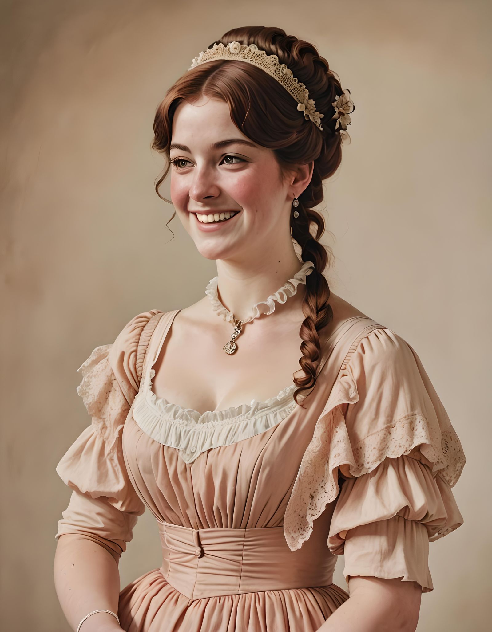 Joyful Regency Woman in Peach Dress Portrait