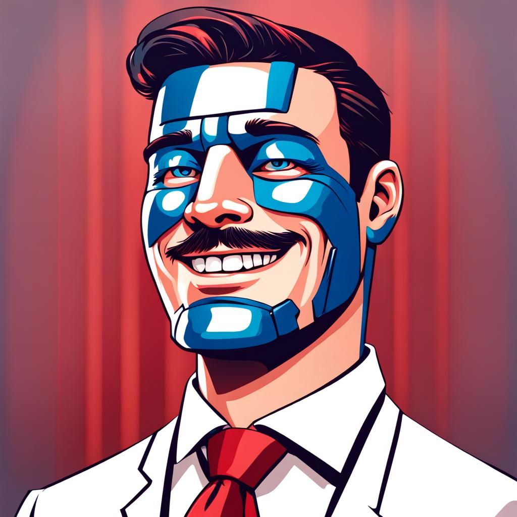 Handsome Blue Robot Co-Host with Red Tie