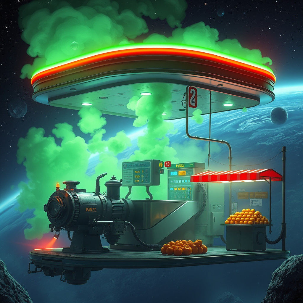 Steampunk Petrol Station Floating in Space