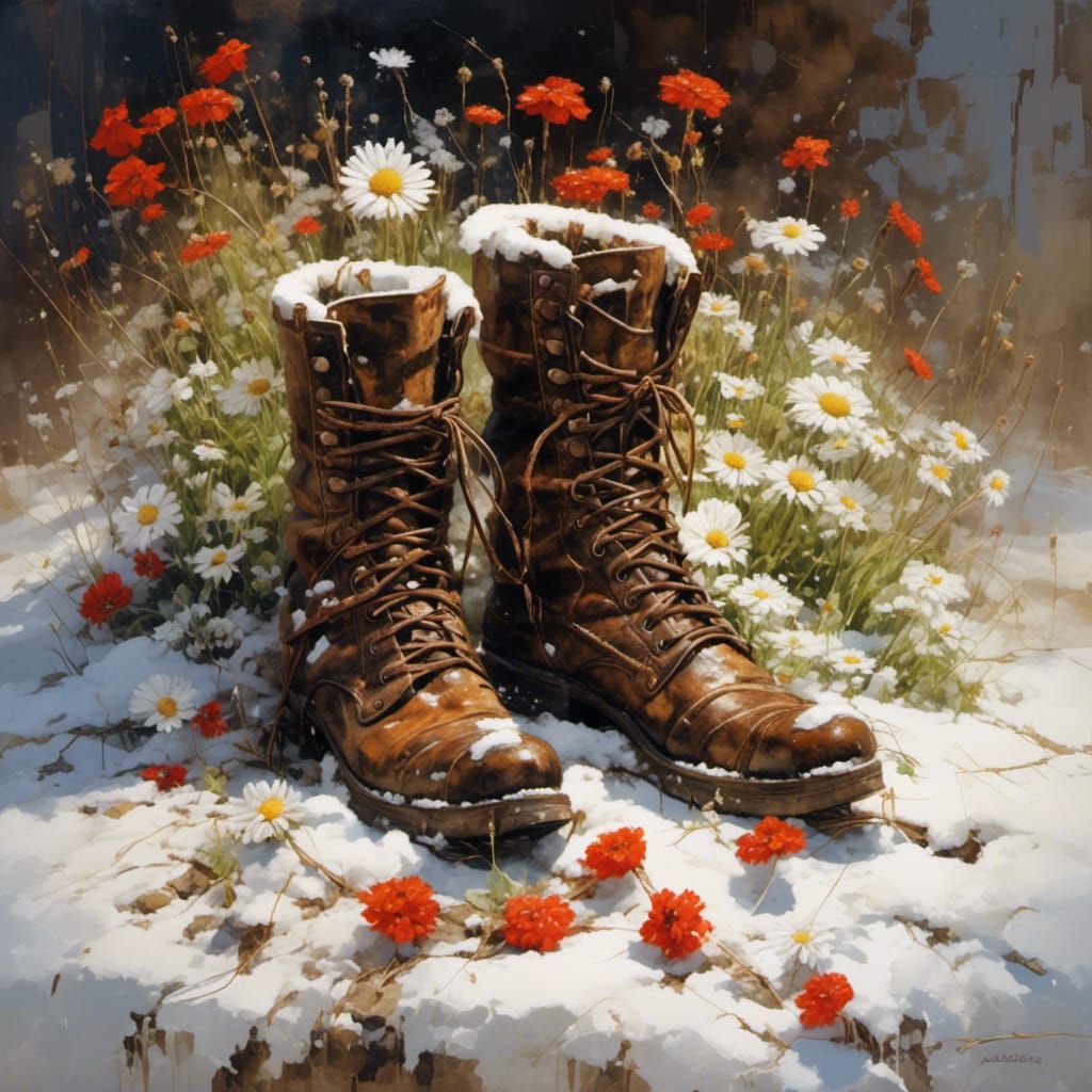 Blooming Winter Boots Oil Painting on Snow