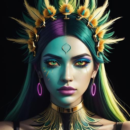 Cyberpunk Woman with Gold Skin and Peacock Feathers