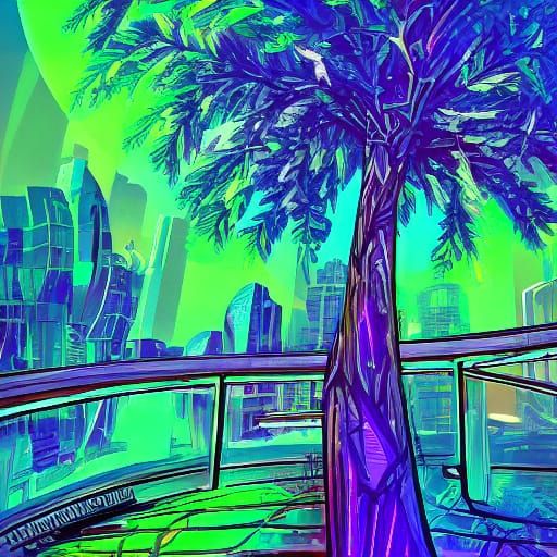 Cyberpunk Tree in Glass Cupola: Digital Art