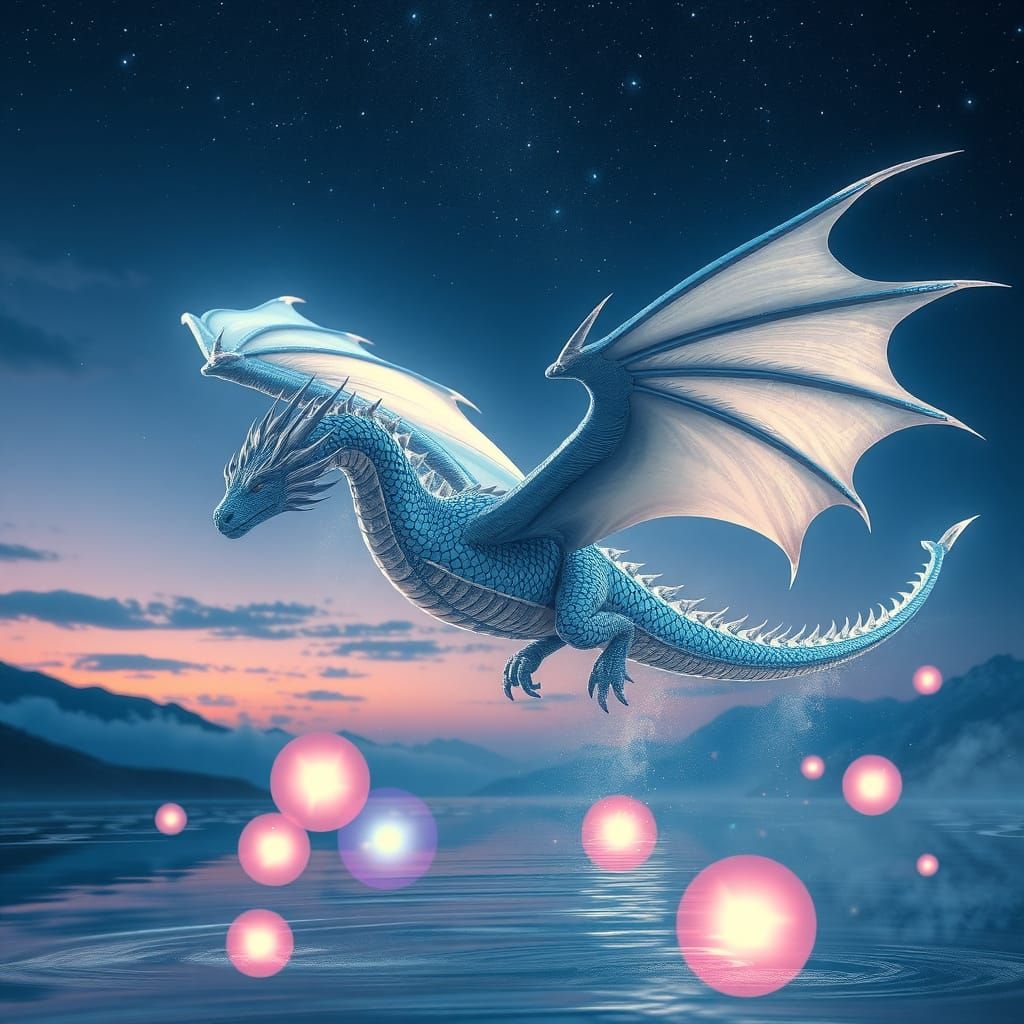 Majestic Dragon Soaring Over Crystal Lake