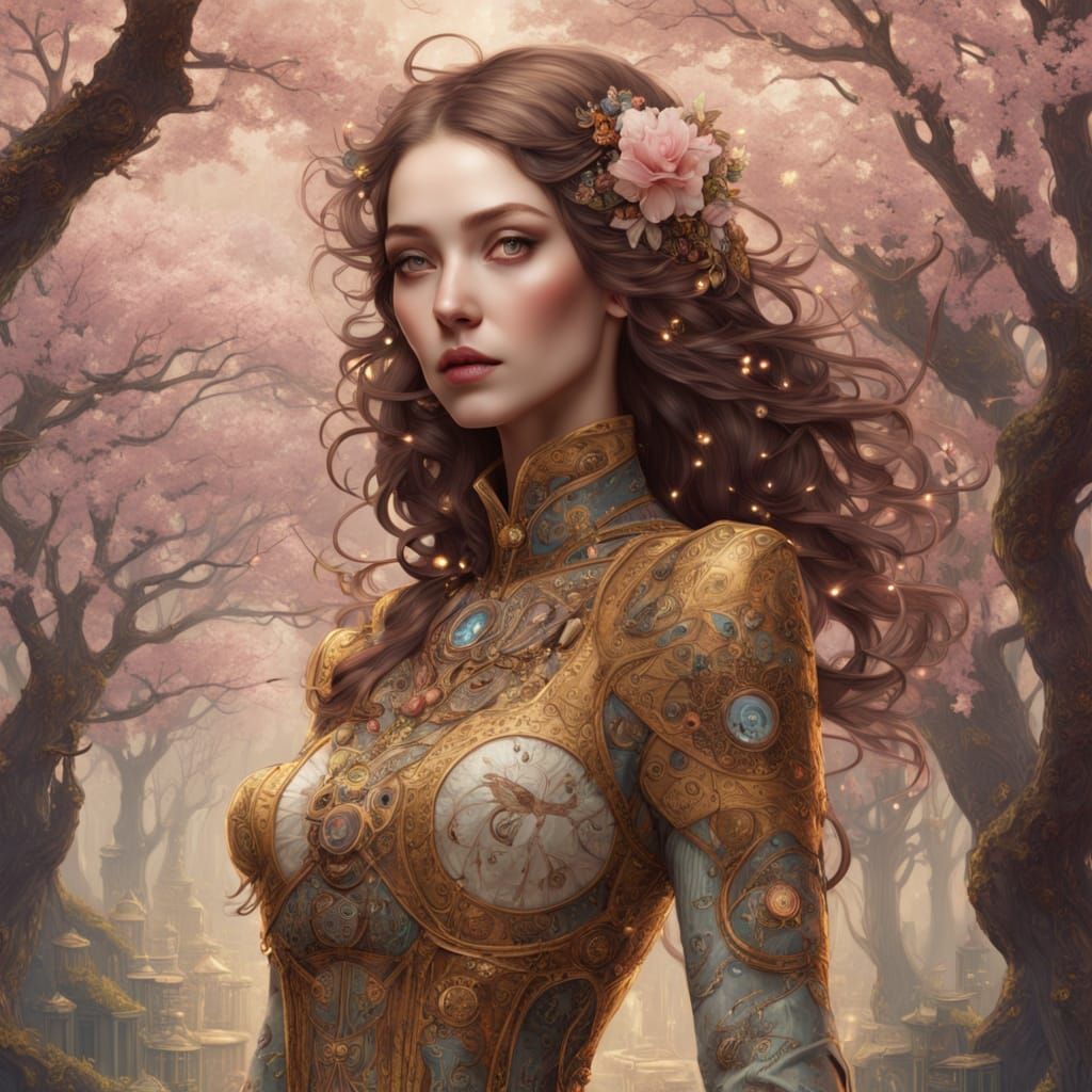 Young Girl Under Cherry Blossoms in Majolica-Inspired Clockp...