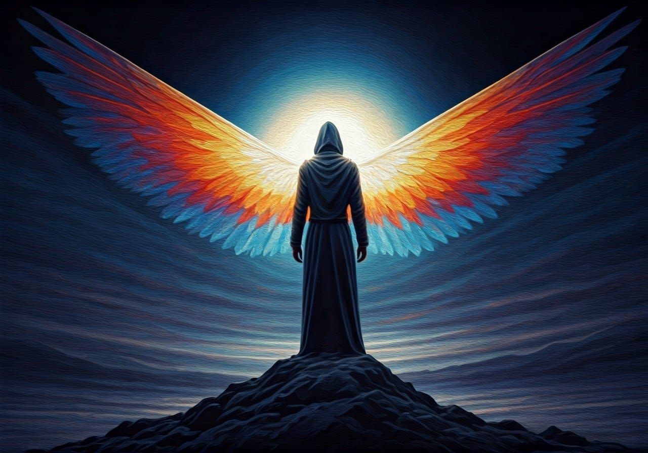 Mystical Figure with Iridescent Wings
