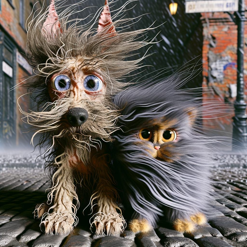 Cute Cat and Dog in Stormy Street Scene