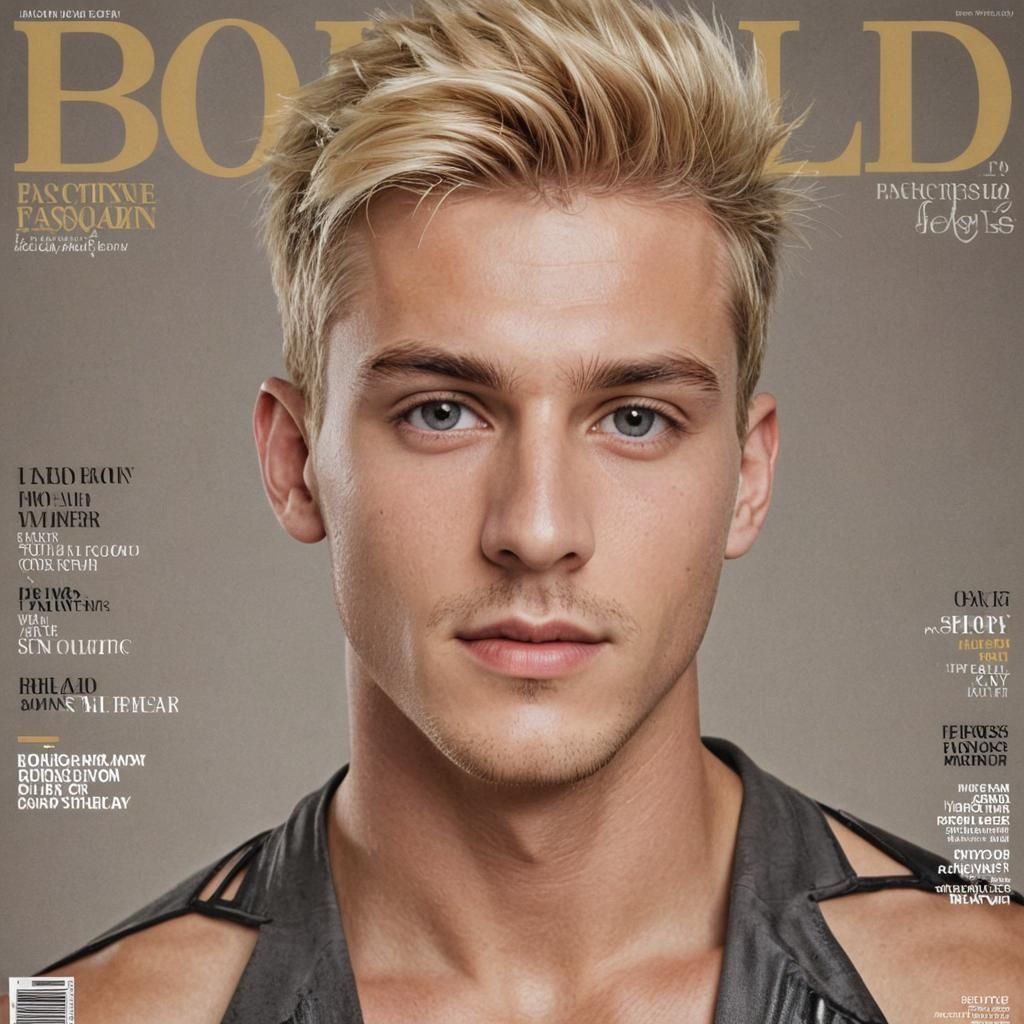 Bold fashion magazine cover featuring a handsome short gel s...