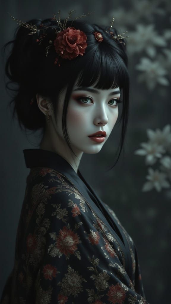 Gothic Geisha Portrait in Moody Forest