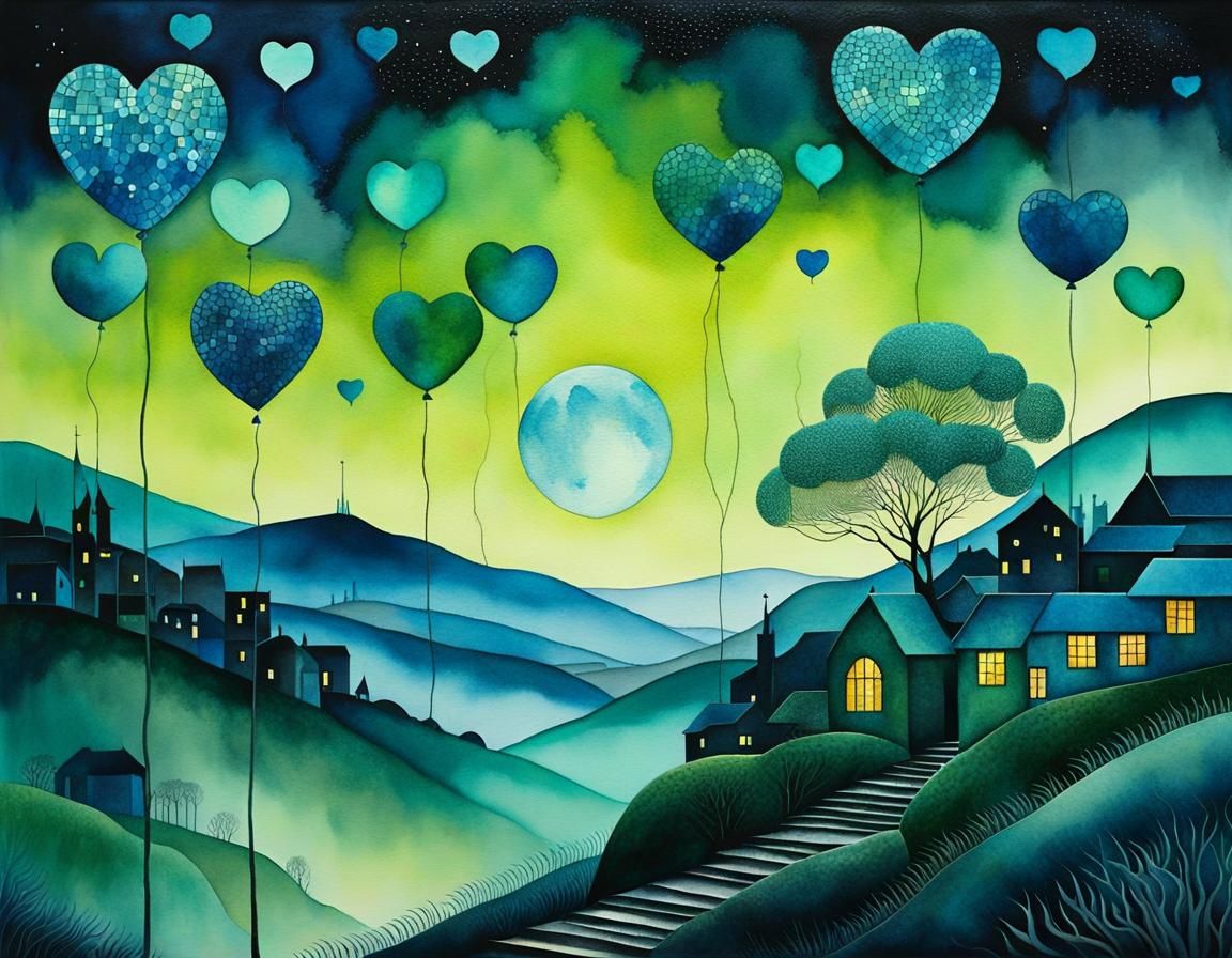 Tropical Beach Sunset Dreamscape in Watercolor Style