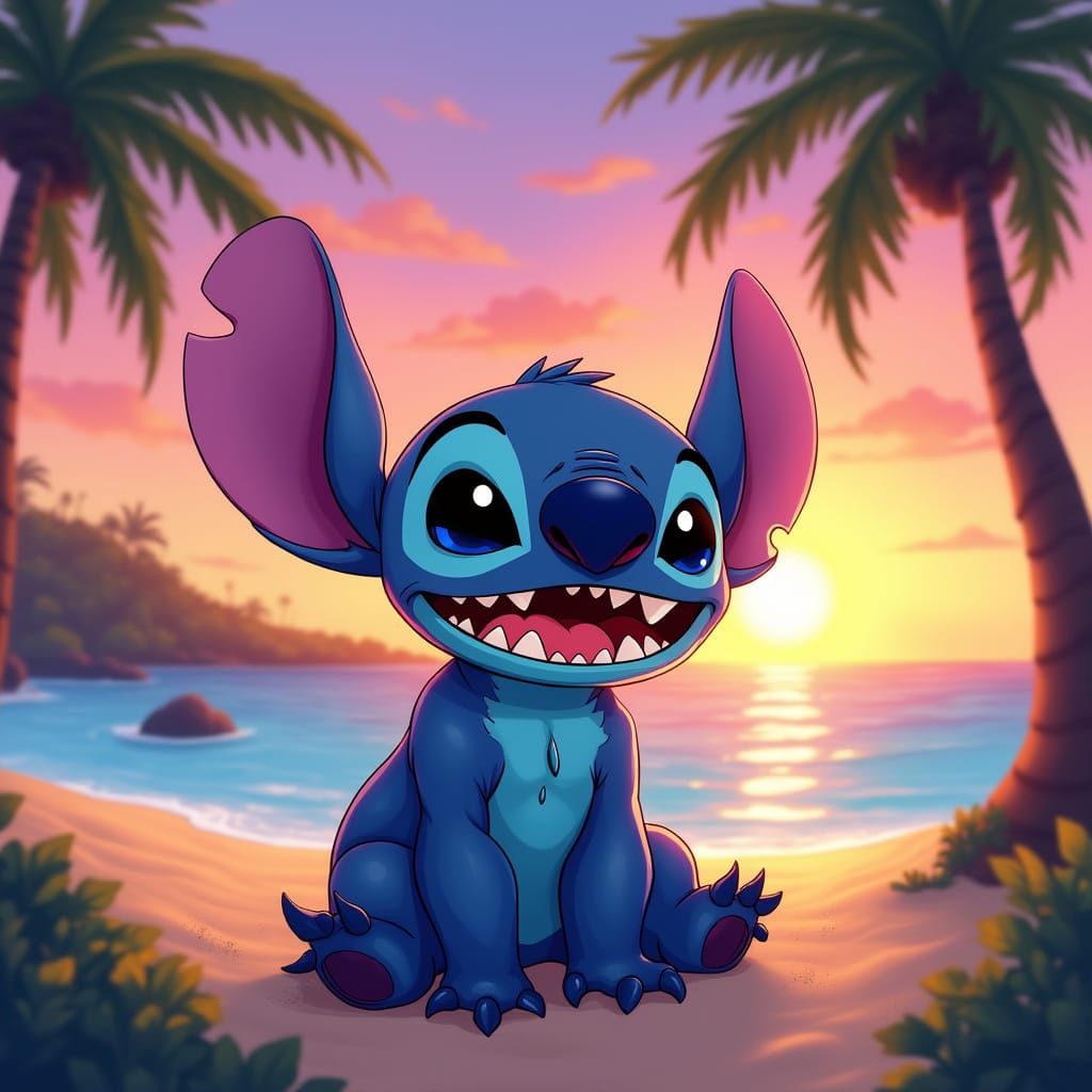 Stitch on Hawaiian Beach at Sunset, Digital Painting