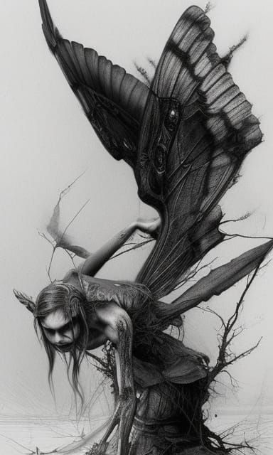 Decayed Fairy Crawling Through Grass: Charcoal Drawing