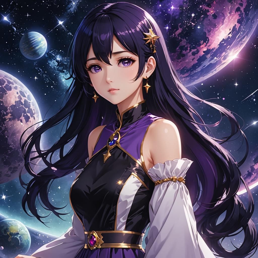 Anime Girl in Space with Purple and Black Hair