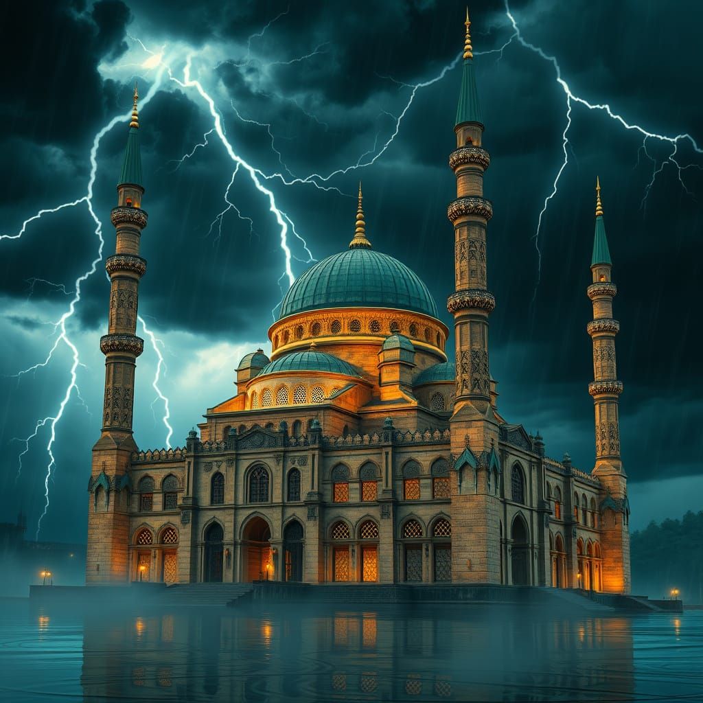 Majestic Ancient Mosque Under Turbulent Stormy Sky