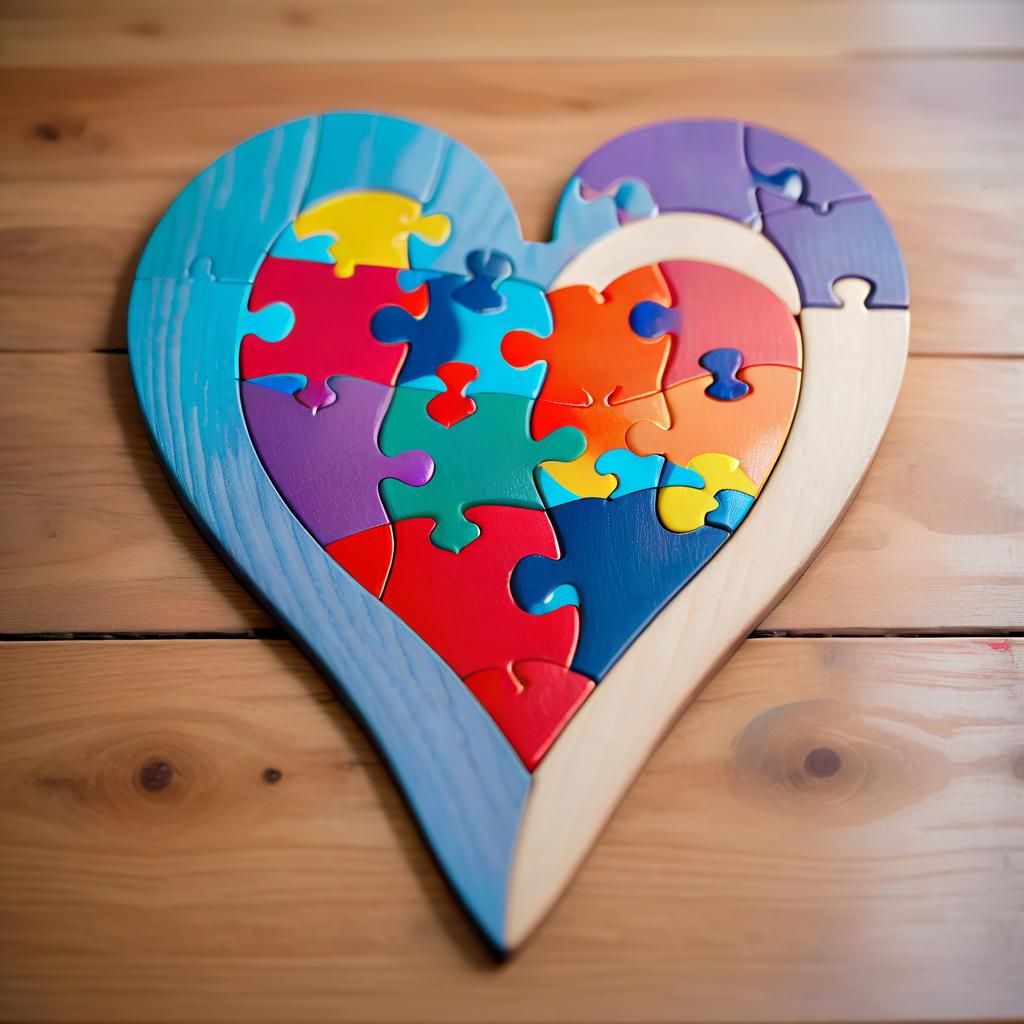 Colorful Puzzle Heart on Wood Table: Autism Awareness