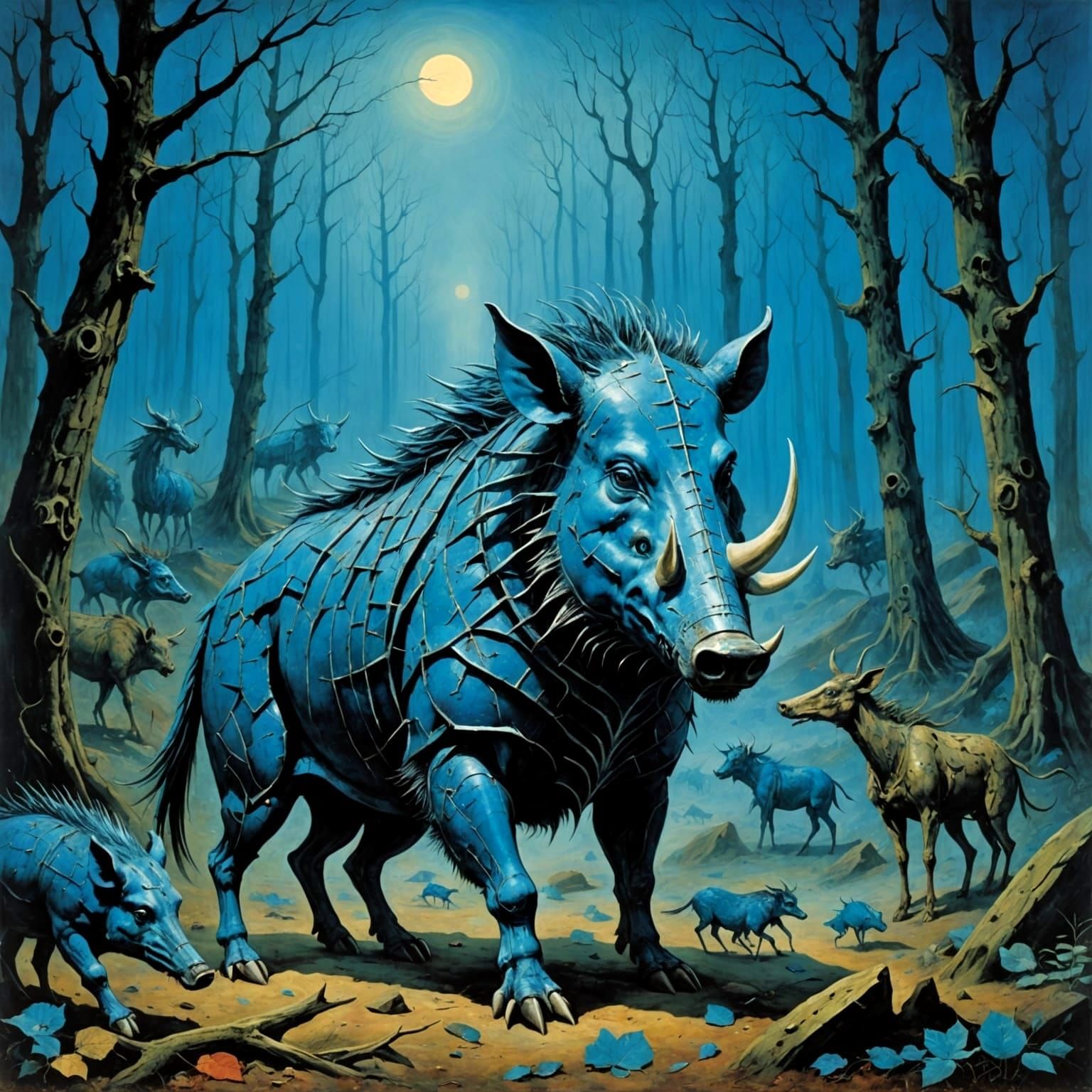 Azure Ghostly Boar Warriors in Surreal Forest