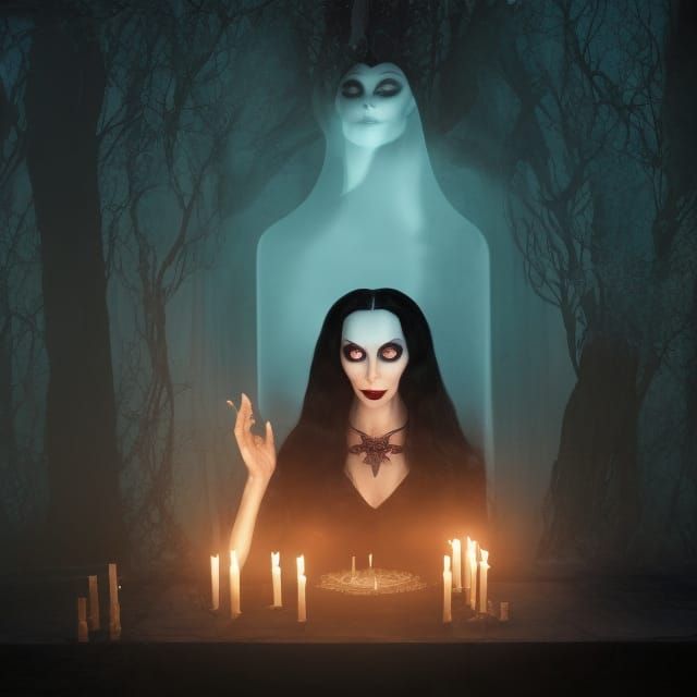 Magical Ghost Seance of Morticia Addams in Art Nouveau