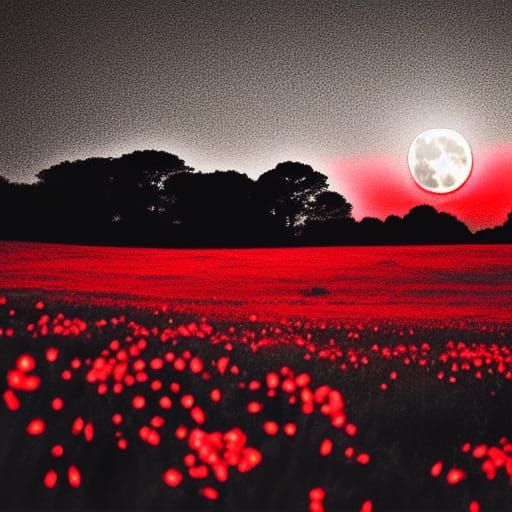 Glowing Red Flowers in a Moonlight Field
